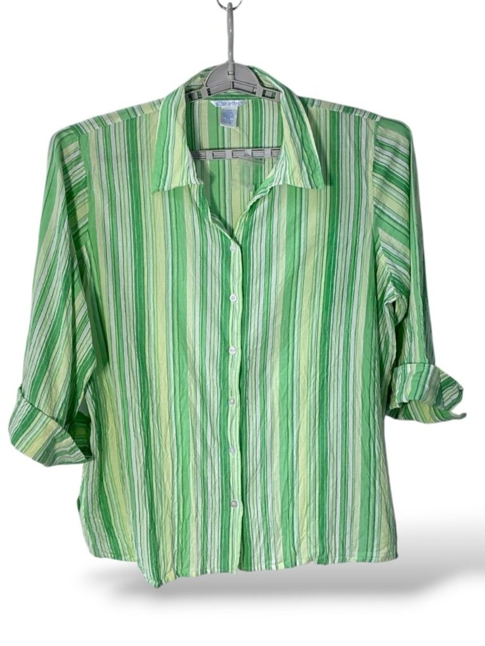 Silhouettes 100% Cotton Blouse Button Up 3/4 Sleeve Textured Stripe Green 2X